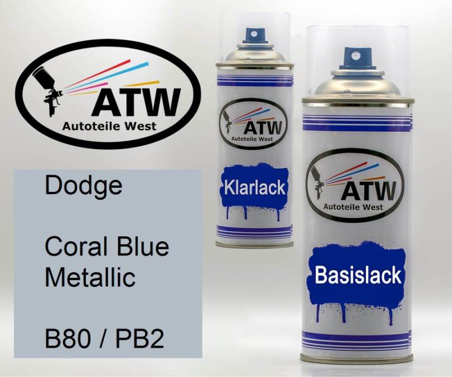 Dodge, Coral Blue Metallic, B80 / PB2: 400ml Sprühdose + 400ml Klarlack - Set, von ATW Autoteile West.